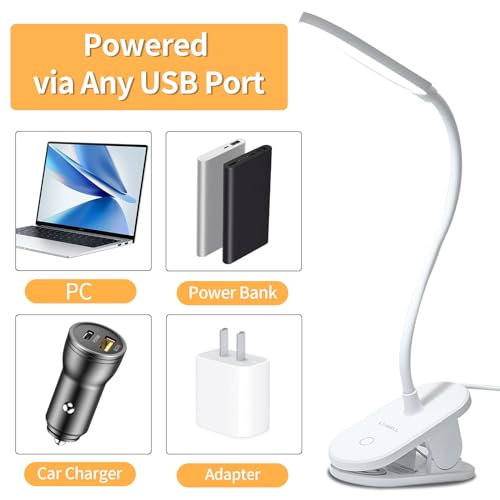 LQWELL® clamp lamp reading lamp bed, dimmable clamp light, 3 brightness levels &amp; 360° flexible clamp desk lamp for home office (white)