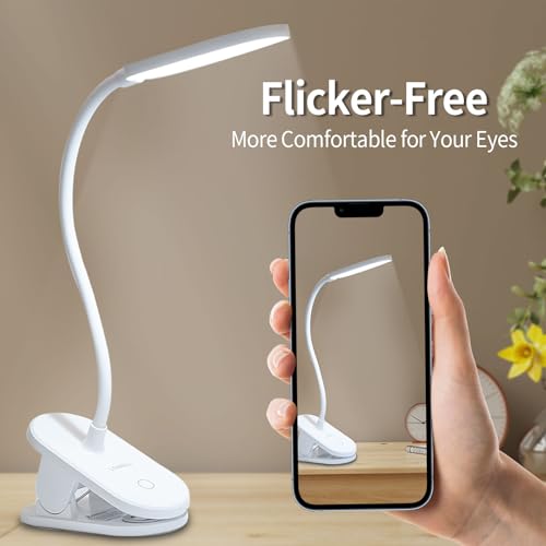 LQWELL® clamp lamp reading lamp bed, battery-operated dimmable clamp light, 3 brightness levels &amp; 360° flexible clamp desk lamp for home office (white)