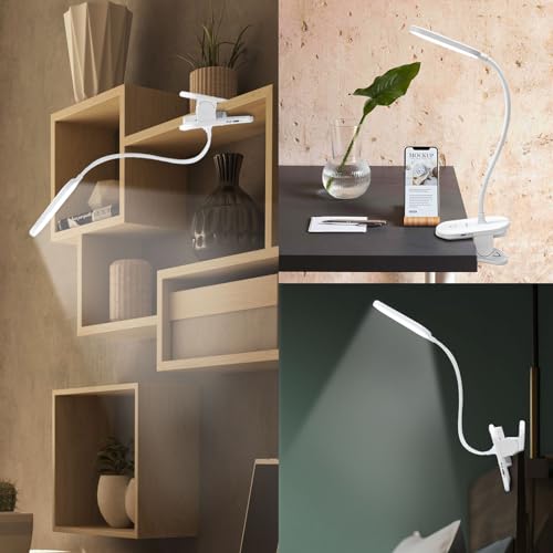 LQWELL® clamp lamp reading lamp bed, battery-operated dimmable clamp light, 3 brightness levels & 360° flexible clamp desk lamp for home office (white)
