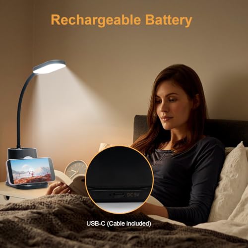 LQWELL® 4 in 1 LED Schreibtischlampe USB Aufladbar für Heimbüro, 3 Helligkeitsstufen Nachtlicht, 360° Flexibel Stifthalter Tischlampe Studienlampe mit Telefonhalter (Schwarz)