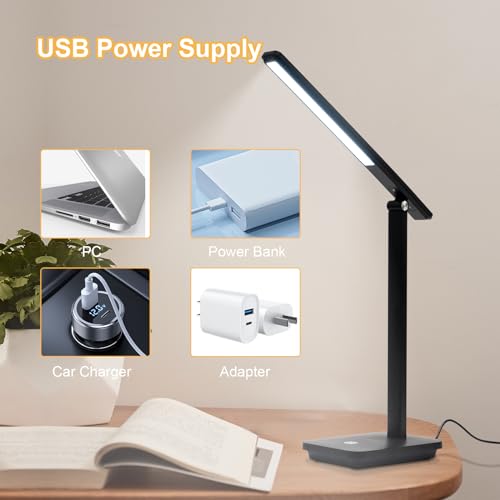 LQWELL® LED Schreibtischlampe Abnehmbare Studienlampe, 3 Helligkeitsstufen Dimmbare Tischleuchte für Heimbüro, 0° bis 180° Drehung, 6500K (Schwarz)