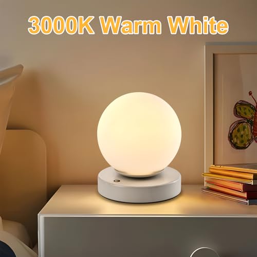 LQWELL® Nachttischlampe Nachttischleuchte, Tischlampe Tischleuchte 3 Dimmstufen USB Wiederaufladbar Touch Beistelltischlampe Leselampe Kugel Glas für Drinnen Schlafzimmer Fensterbank, Weiß