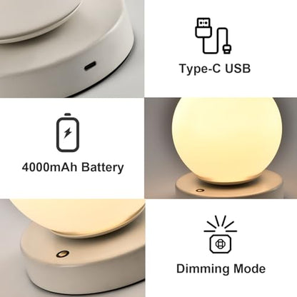 LQWELL® Bedside Lamp, Table Lamp, 3 Dimmable Levels, USB Rechargeable, Touch Control, Side Table Lamp, Reading Lamp, Sphere Glass for Indoor Bedroom Windowsill, White