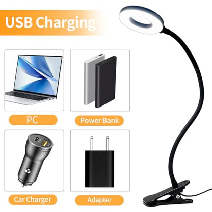 LQWELL® LED clamp lamp reading lamp bed with USB port, 3 color temperatures, 10 brightness levels &amp; stepless dimming, 360° flexible clamp desk lamp for home office (neck length 70 cm)