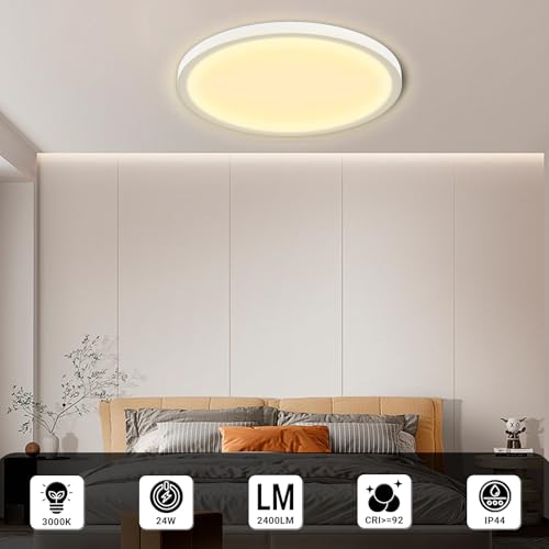 LQWELL® Deckenleuchte LED Deckenlampe, IP44 Wasserfest Badlampe Rund Flach 24W 3000K 2400LM Modern Schlicht Lampe Dünn für Wohnzimmer Badezimmer Schlafzimmer Küche Balkon Keller Büro, 300 * 25mm