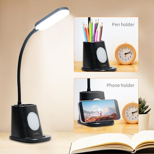 LQWELL® 4 in 1 LED Schreibtischlampe USB Aufladbar für Heimbüro, 3 Helligkeitsstufen Nachtlicht, 360° Flexibel Stifthalter Tischlampe Studienlampe mit Telefonhalter (Schwarz)