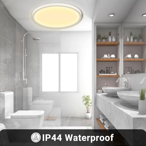 LQWELL® Deckenleuchte LED Deckenlampe, IP44 Wasserfest Badlampe Rund Flach 24W 3000K 2400LM Modern Schlicht Lampe Dünn für Wohnzimmer Badezimmer Schlafzimmer Küche Balkon Keller Büro, 300 * 25mm