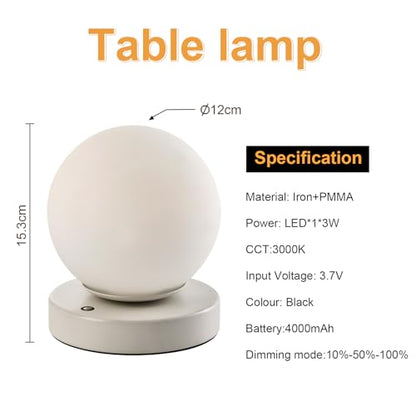 LQWELL® Bedside Lamp, Table Lamp, 3 Dimmable Levels, USB Rechargeable, Touch Control, Side Table Lamp, Reading Lamp, Sphere Glass for Indoor Bedroom Windowsill, White
