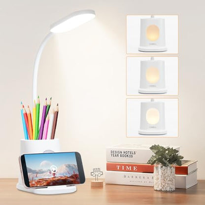 LQWELL® 4 in 1 LED Desk Lamp USB Rechargeable for Home Office, 3 Brightness Levels Night Light, 360° Flexible Pen Holder Table Lamp Study Lamp with Phone Holder (White)