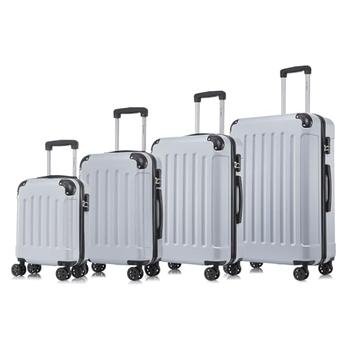 yonsly Koffer Suitcase Set, Trolley Reisekoffer, Rollkoffer Handgepäck mit 4 Rollen 360°, ABS Hartschalen, Sicherheitsschloss, Weicher Gummigriff, 210D-Futter (4er Set, S,M,L&XL, Silber)