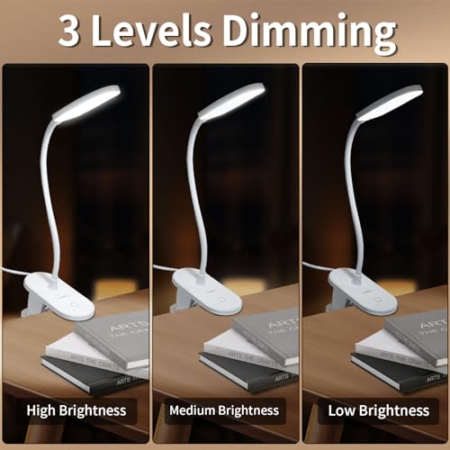 LQWELL® clamp lamp reading lamp bed, dimmable clamp light, 3 brightness levels &amp; 360° flexible clamp desk lamp for home office (white)