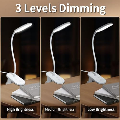 LQWELL® clamp lamp reading lamp bed, dimmable clamp light, 3 brightness levels &amp; 360° flexible clamp desk lamp for home office (white)