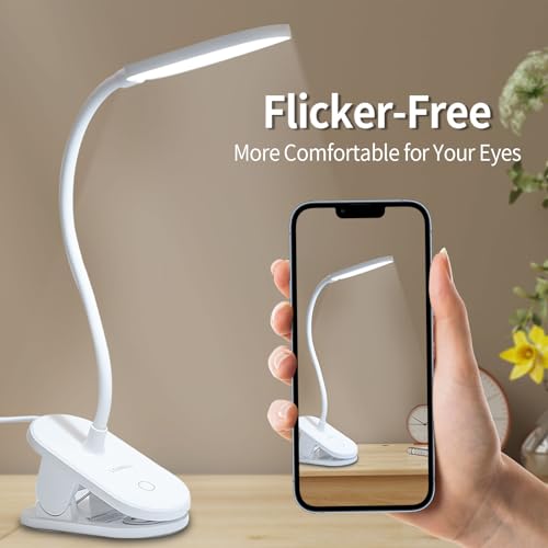 LQWELL® clamp lamp reading lamp bed, dimmable clamp light, 3 brightness levels &amp; 360° flexible clamp desk lamp for home office (white)