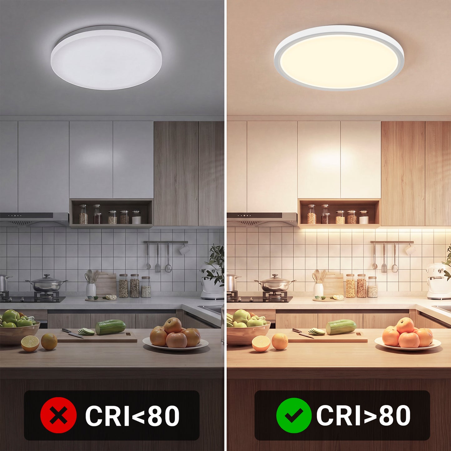 LQWELL® LED-Deckenleuchte rund, flach montiert; Vergleich mit hoher Farbwiedergabe (CRI>80)