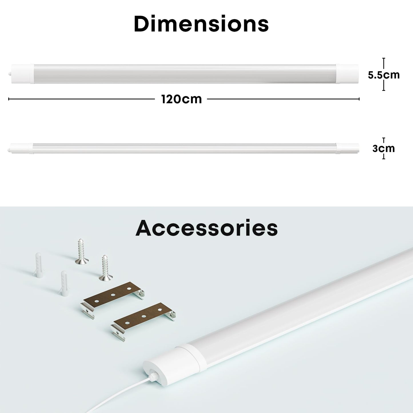 LQWELL LED Feuchtraumleuchte, LED Röhre 120x5.5x3cm IP65 Wasserfest, 24W 2750LM 6500K, Deckenleuchte Lange als Kellerleuchte, Wannenleuchte, Nassraumleuchte, Garagelampe, Werkstattlampe