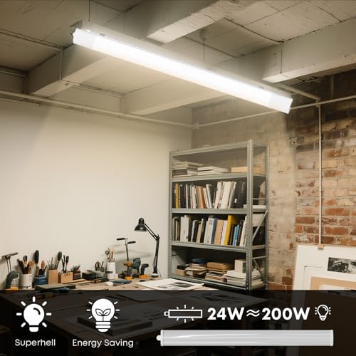 LQWELL LED Feuchtraumleuchte, LED Röhre 120x5.5x3cm IP65 Wasserfest, 24W 2700LM 4000K, Deckenleuchte Lange als Kellerleuchte, Wannenleuchte, Nassraumleuchte, Garagelampe, Werkstattlampe