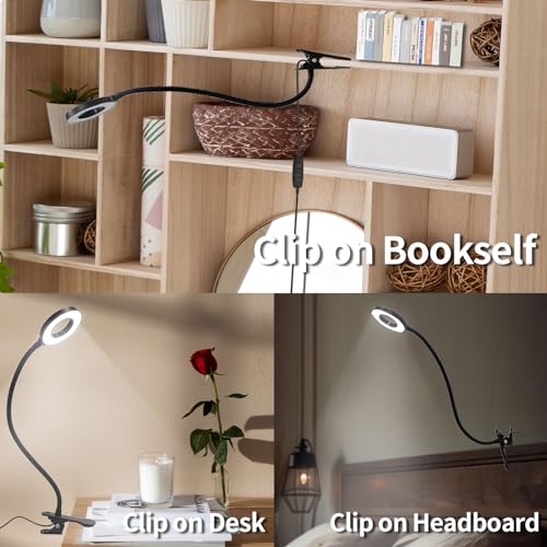 LQWELL® LED clamp lamp reading lamp bed with USB port, 3 color temperatures, 10 brightness levels &amp; stepless dimming, 360° flexible clamp desk lamp for home office (neck length 70 cm)