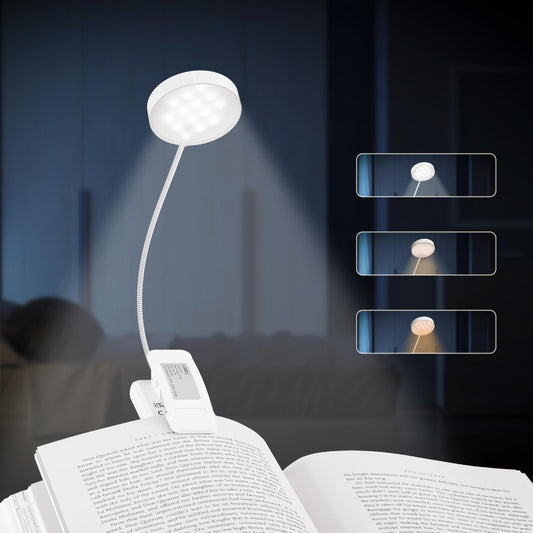 LQWELL® 1x Leselampe Buch Klemme im Bett, USB Wiederaufladbare Leselicht mit 3 Farbtemperaturen, 10 Helligkeitsstufen & Stufenloses Dimmen, 360° Flexibel Buchlampe für Kinder, Buchliebhaber, Weiss