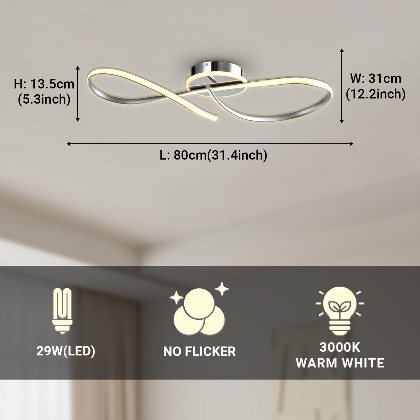 LQWELL ® Deckenleuchte LED Deckenlampe, 29W 3000K Küchenlampe Modern Schlafzimmerlampe aus Aluminium für Wohnzimmer Schlafzimmer Küche Balkon Flur Keller Büro, 800 * 310 * 135mm