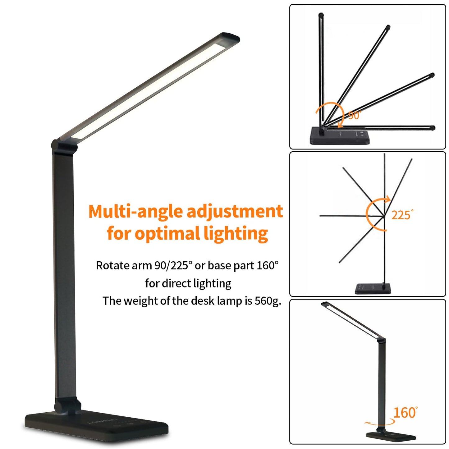 LQWELL® LED Schreibtischlampe Dimmbar Metallmaterial, 5 Farben und 10 Helligkeitsstufen, Augenfreundliche Nachttischlampe mit USB-Aufladung, Touch-Steuerung und Memory-Funktion für Kinder, Büro