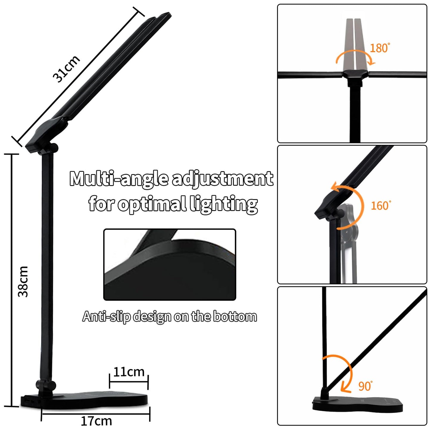 LQWELL® Doppelkopf-Schreibtischlampe LED Dimmbar, Doppelschwingarm-LED-Tischlampe 5 Farben und 10 Helligkeitsstufen Augenfreundliche Leselampe mit USB-Aufladung Touch-Steuerung & Memory Timer