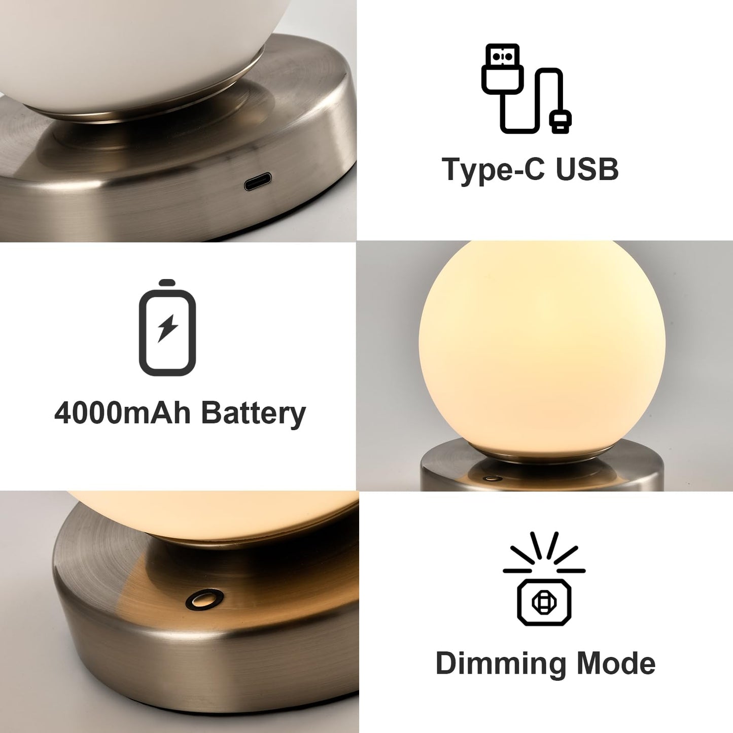 LQWELL® Nachttischlampe Nachttischleuchte, Tischlampe Tischleuchte 3 Dimmstufen USB Wiederaufladbar Touch Beistelltischlampe Leselampe Kugel Glas für Drinnen Schlafzimmer Fensterbank