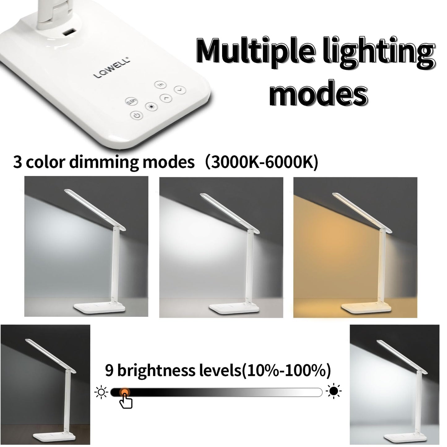 LQWELL® Desk Lamp LED, 3 Color Temperature Modes and 9 Brightness Levels Flicker-Free Eye Protection Bedside Lamp USB Charging Touch Control and Memory Function for Offices Bedrooms