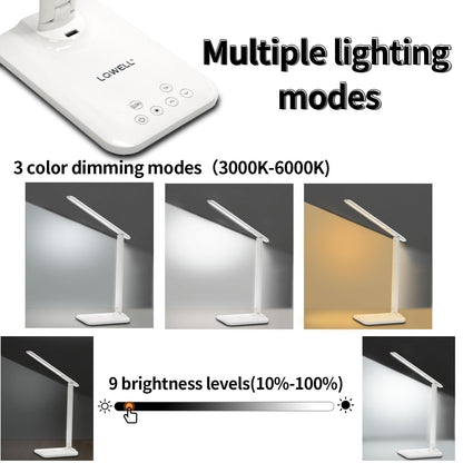 LQWELL® Desk Lamp LED, 3 Color Temperature Modes and 9 Brightness Levels Flicker-Free Eye Protection Bedside Lamp USB Charging Touch Control and Memory Function for Offices Bedrooms