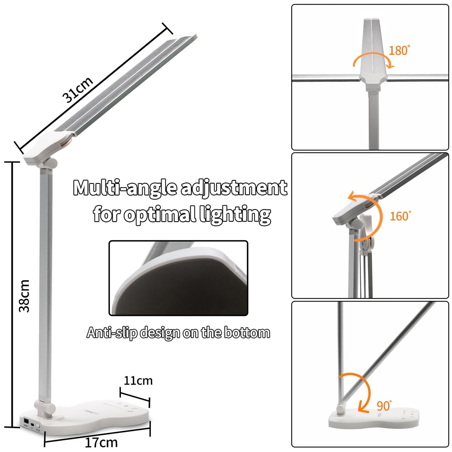 LQWELL® Doppelkopf-Schreibtischlampe LED Dimmbar, Doppelschwingarm-LED-Tischlampe 5 Farben und 10 Helligkeitsstufen Augenfreundliche Leselampe mit USB-Aufladung Touch-Steuerung & Memory Timer