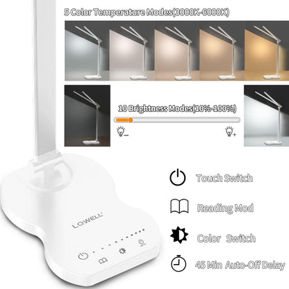 LQWELL® Doppelkopf-Schreibtischlampe LED Dimmbar, Doppelschwingarm-LED-Tischlampe 5 Farben und 10 Helligkeitsstufen Augenfreundliche Leselampe mit USB-Aufladung Touch-Steuerung & Memory Timer