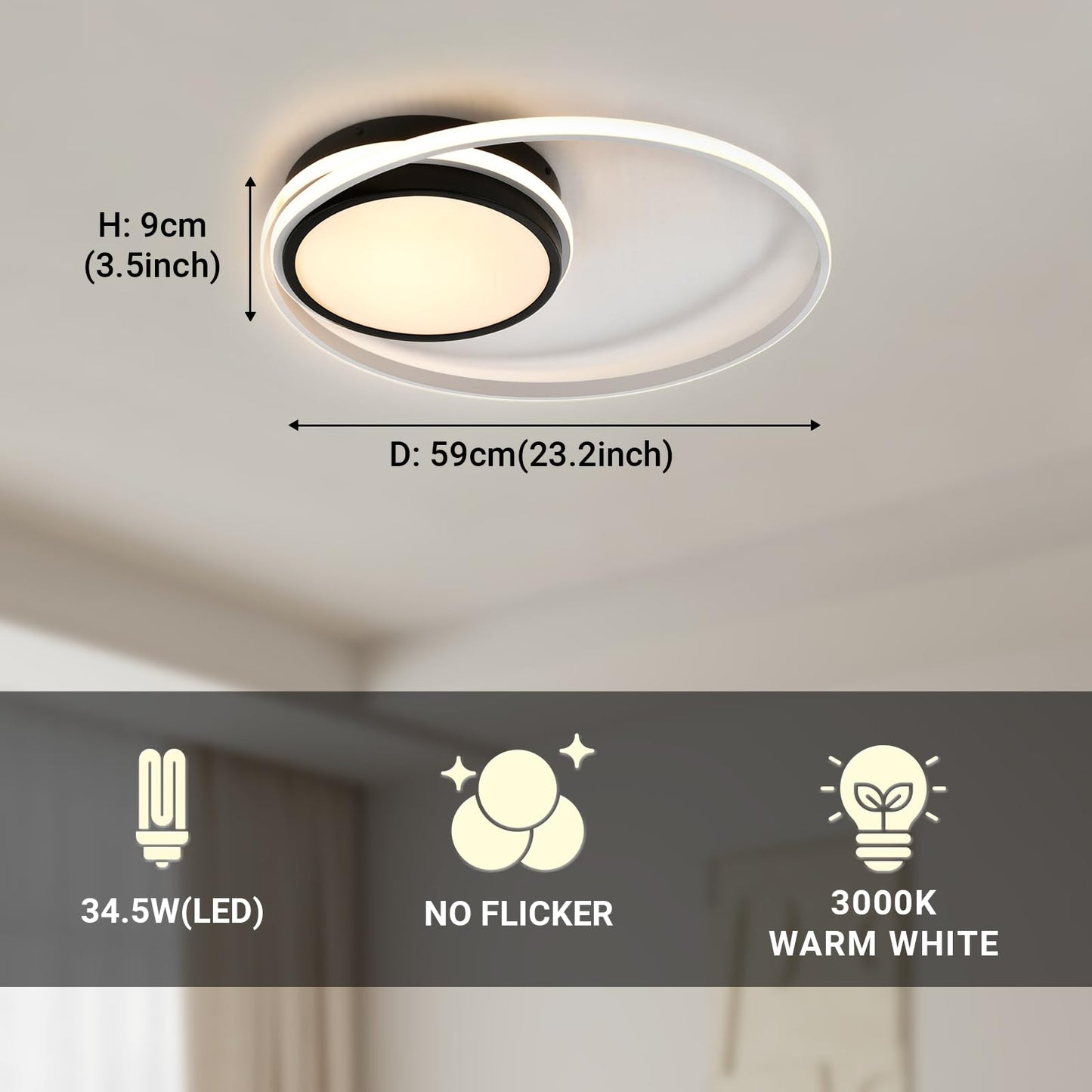 LQWELL ® Ceiling light LED ceiling lamp, 34.5W 3000K kitchen lamp modern bedroom lamp made of aluminum black white for living room bedroom kitchen balcony hallway basement office, 590 * 90mm