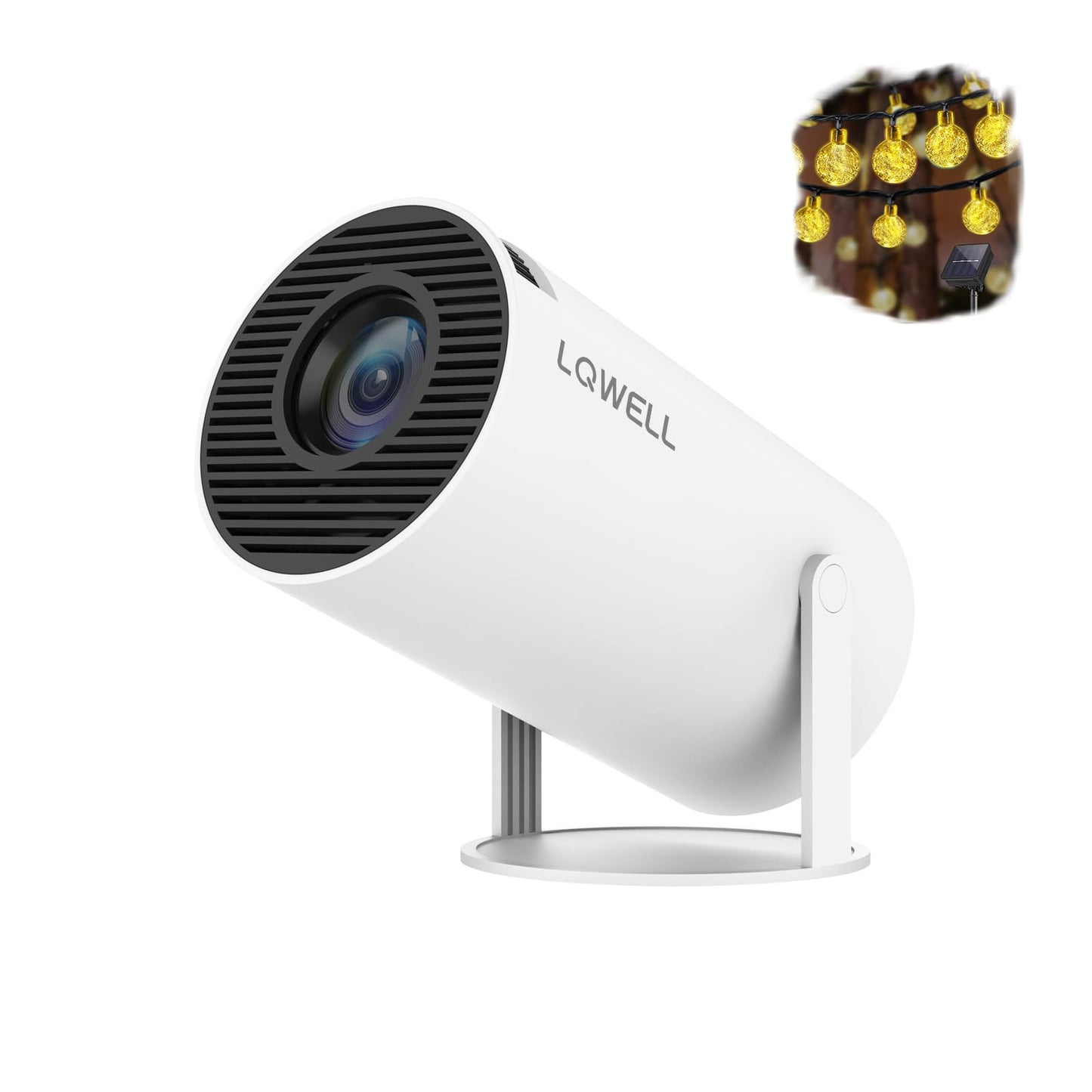 LQWELL HY300 PRO Mini Beamer + Solar Lichterkette Kombination, 4K 1080P Unterstützung, Android 11, kabellose Projektion, unterstützt Airplay Miracast, mit WiFi Bluetooth, tragbarer Projektor