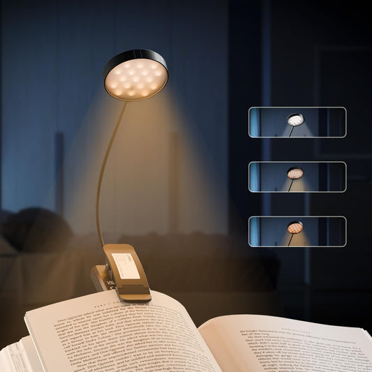 LQWELL® Nachttisch-Leselampe, wiederaufladbare USB-Leselampe, 3 Farbtemperaturen, 10 Helligkeitsstufen, stufenlos dimmbar, 360° flexibles Buchlicht für Kinder und Buchliebhaber (Schwarz, 1 Stück)
