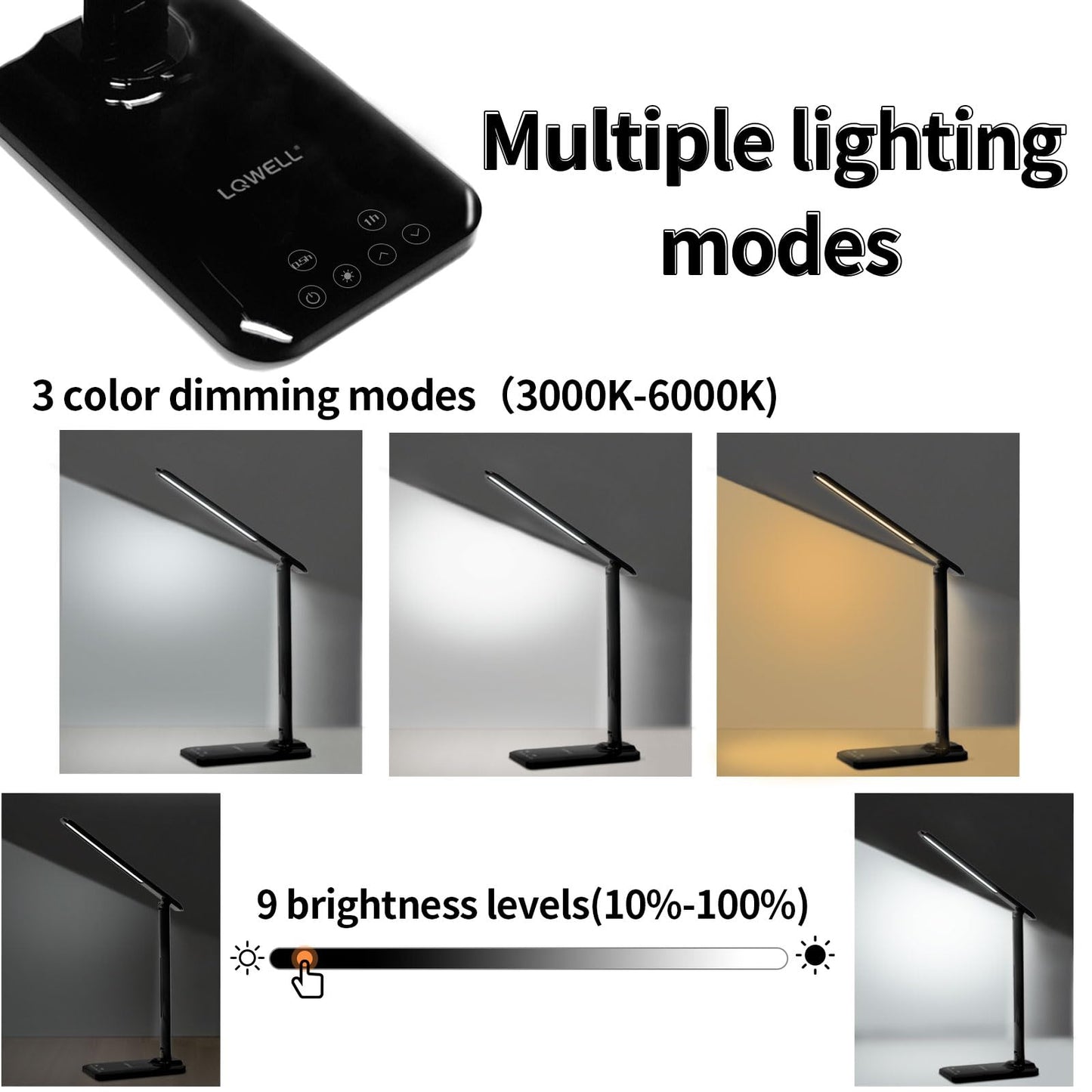 LQWELL® Desk Lamp LED, 3 Color Temperature Modes and 9 Brightness Levels Flicker-Free Eye Protection Bedside Lamp USB Charging Touch Control and Memory Function for Offices Bedrooms
