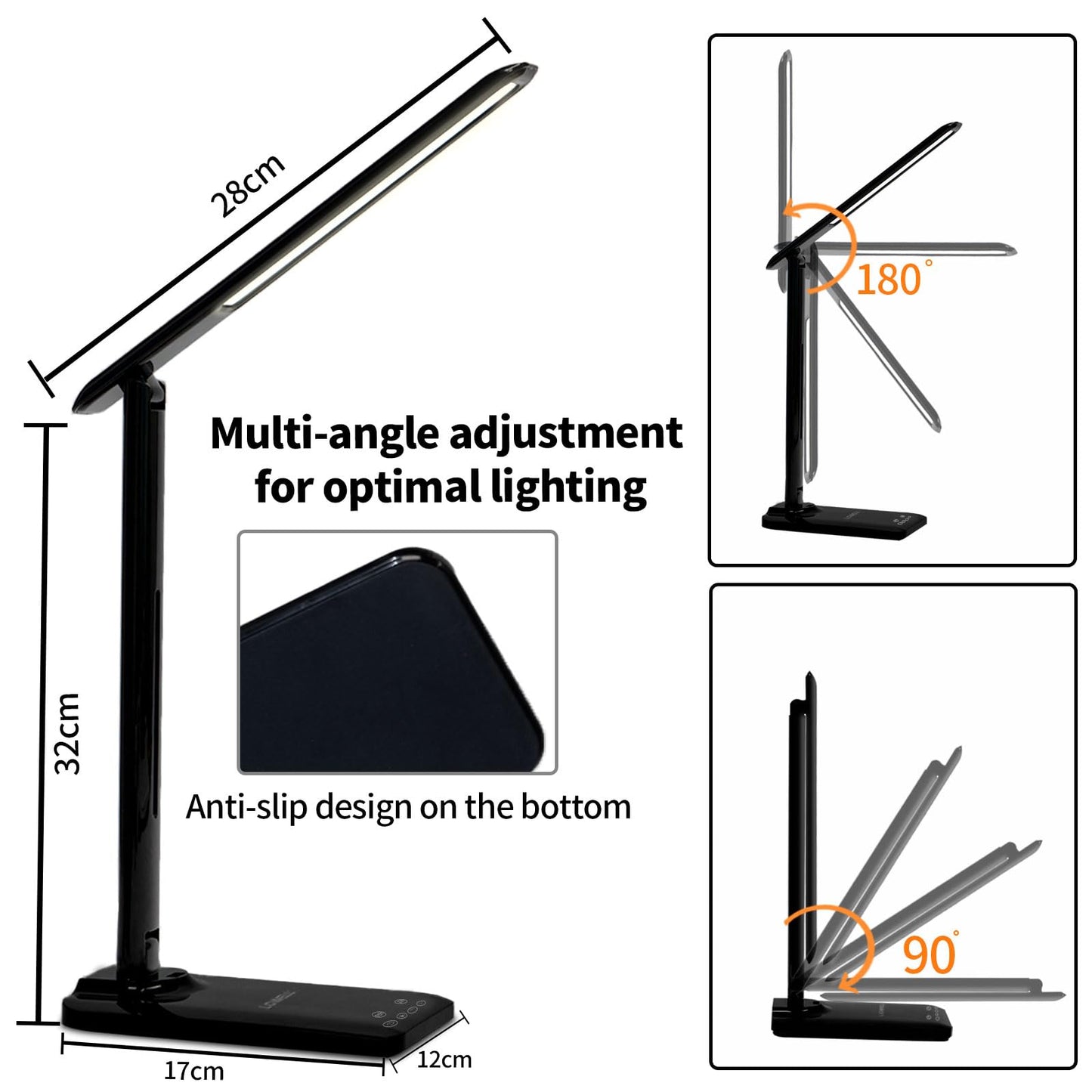LQWELL® Desk Lamp LED, 3 Color Temperature Modes and 9 Brightness Levels Flicker-Free Eye Protection Bedside Lamp USB Charging Touch Control and Memory Function for Offices Bedrooms