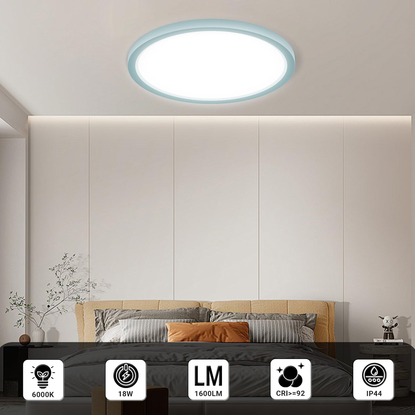 LQWELL® Ceiling Light LED Ceiling Lamp, IP44 Waterproof Bathroom Lamp Round Flat 18W 6000K 1600LM Modern Simple Lamp Thin for Living Room Bathroom Bedroom Kitchen Balcony Basement Office, 220 * 24mm