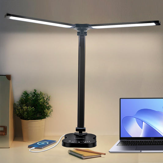 LQWELL® Doppelkopf-Schreibtischlampe LED Dimmbar, Doppelschwingarm-LED-Tischlampe 5 Farben und 10 Helligkeitsstufen Augenfreundliche Leselampe mit USB-Aufladung Touch-Steuerung & Memory Timer