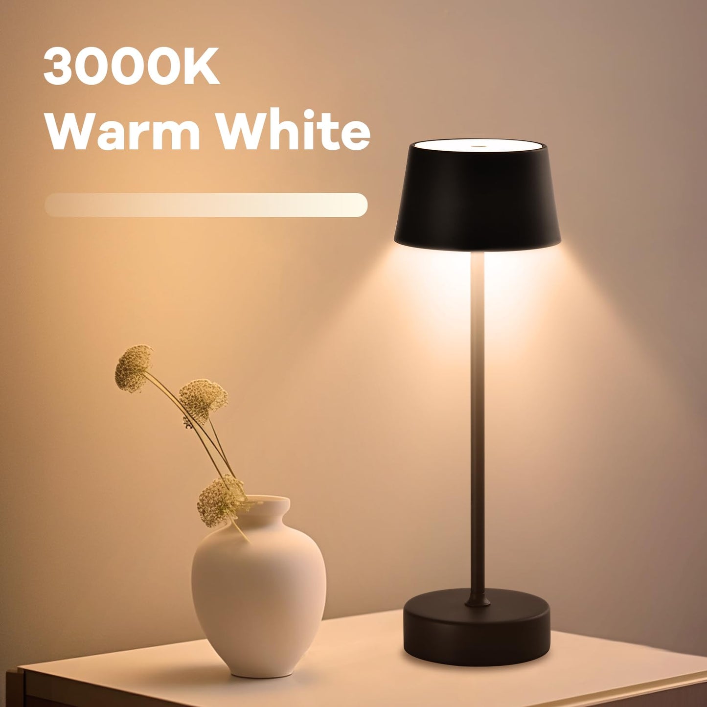 LQWELL® LED Tischlampe Kabellos Akku, Touch Tischleuchte Typ C USB Wiederaufladbar Nachttischlampe Lichtintensität einstellbar für Drinnen Wohnzimmer Schlafzimmer Abendessen Hotel Bar Restaurant