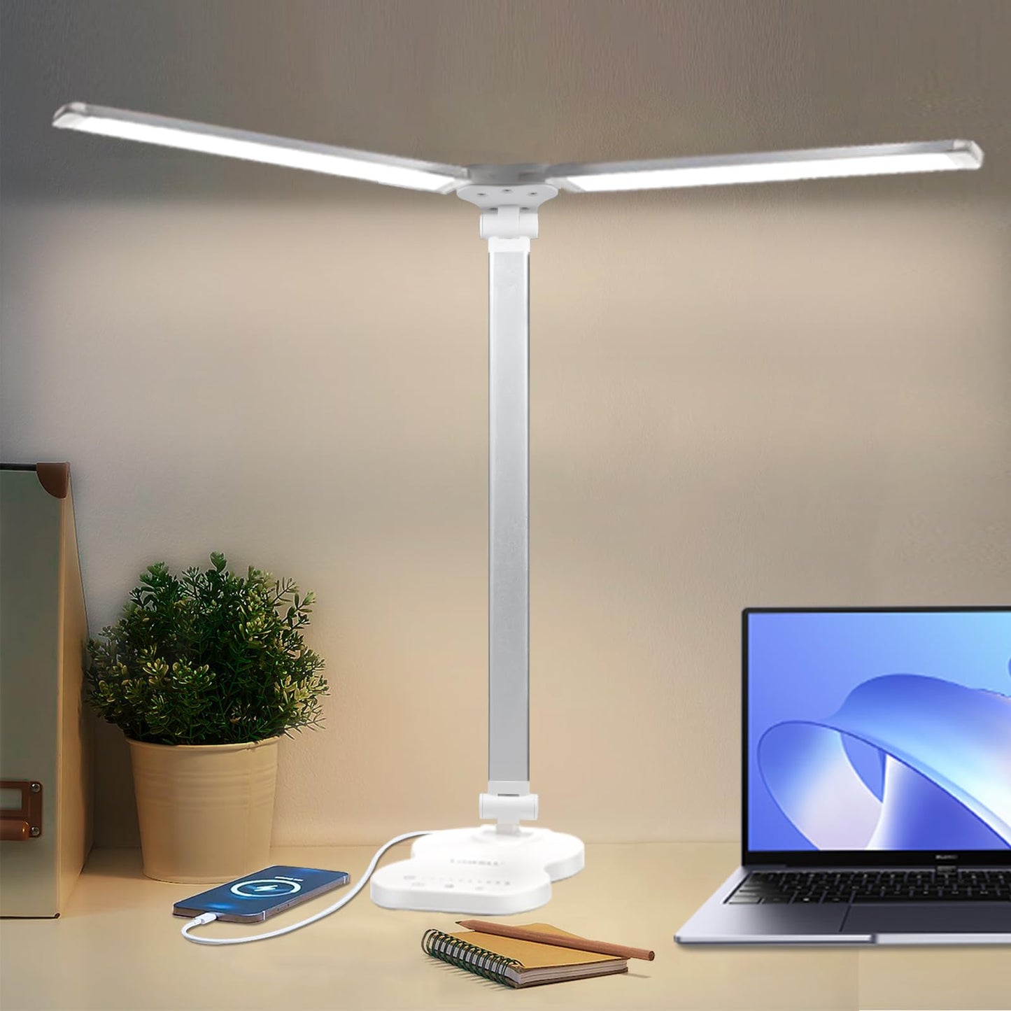 LQWELL® Doppelkopf-Schreibtischlampe LED Dimmbar, Doppelschwingarm-LED-Tischlampe 5 Farben und 10 Helligkeitsstufen Augenfreundliche Leselampe mit USB-Aufladung Touch-Steuerung & Memory Timer