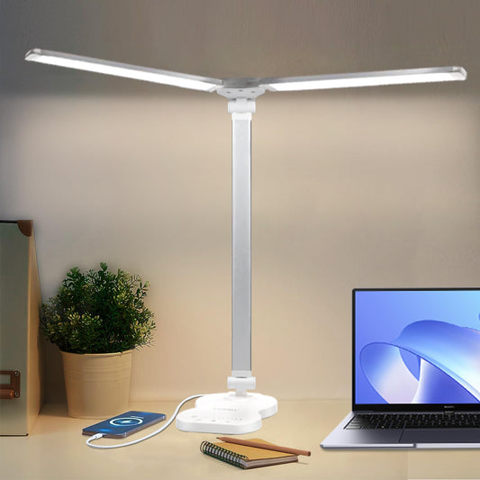 LQWELL® Doppelkopf-Schreibtischlampe LED Dimmbar, Doppelschwingarm-LED-Tischlampe 5 Farben und 10 Helligkeitsstufen Augenfreundliche Leselampe mit USB-Aufladung Touch-Steuerung & Memory Timer