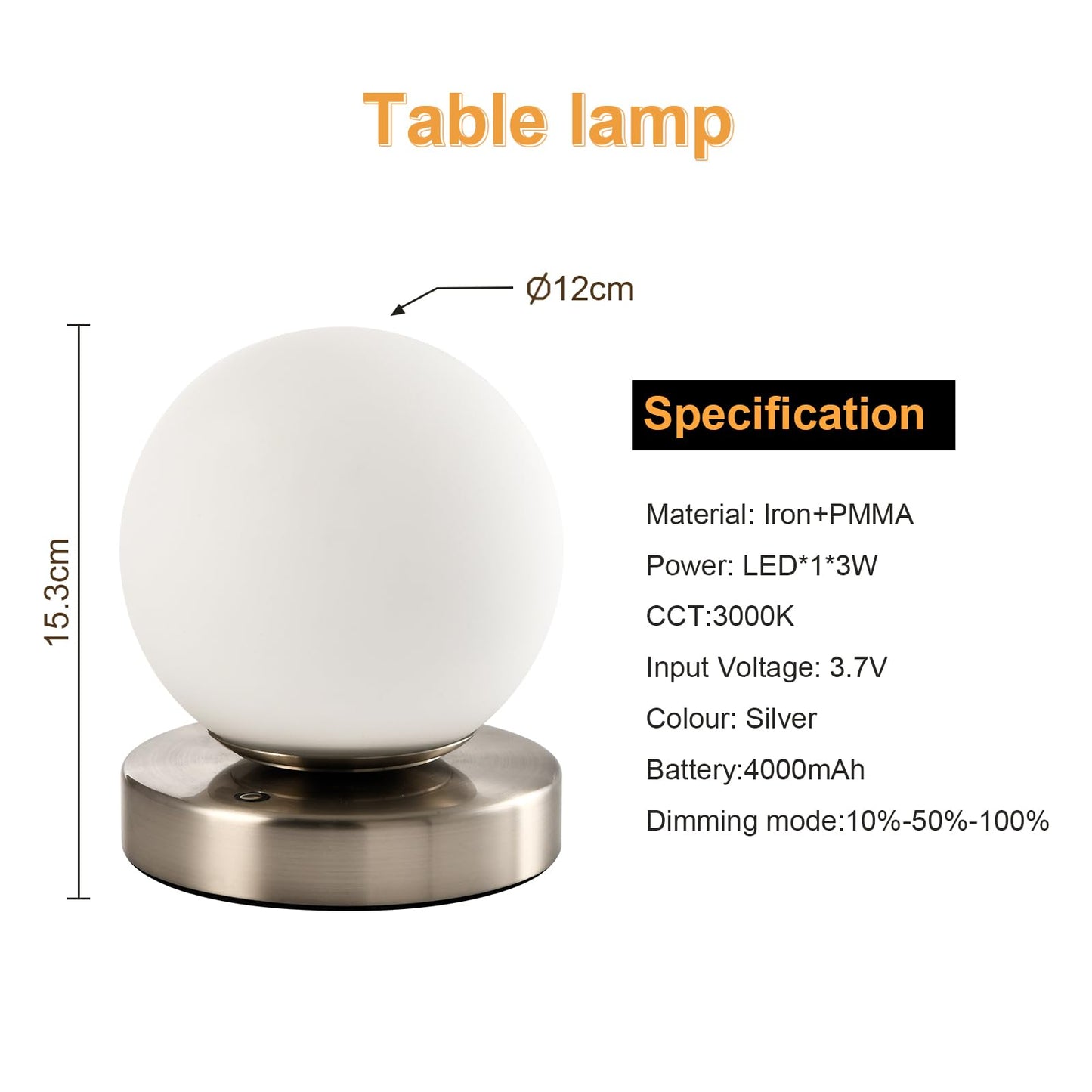 LQWELL® Nachttischlampe Nachttischleuchte, Tischlampe Tischleuchte 3 Dimmstufen USB Wiederaufladbar Touch Beistelltischlampe Leselampe Kugel Glas für Drinnen Schlafzimmer Fensterbank