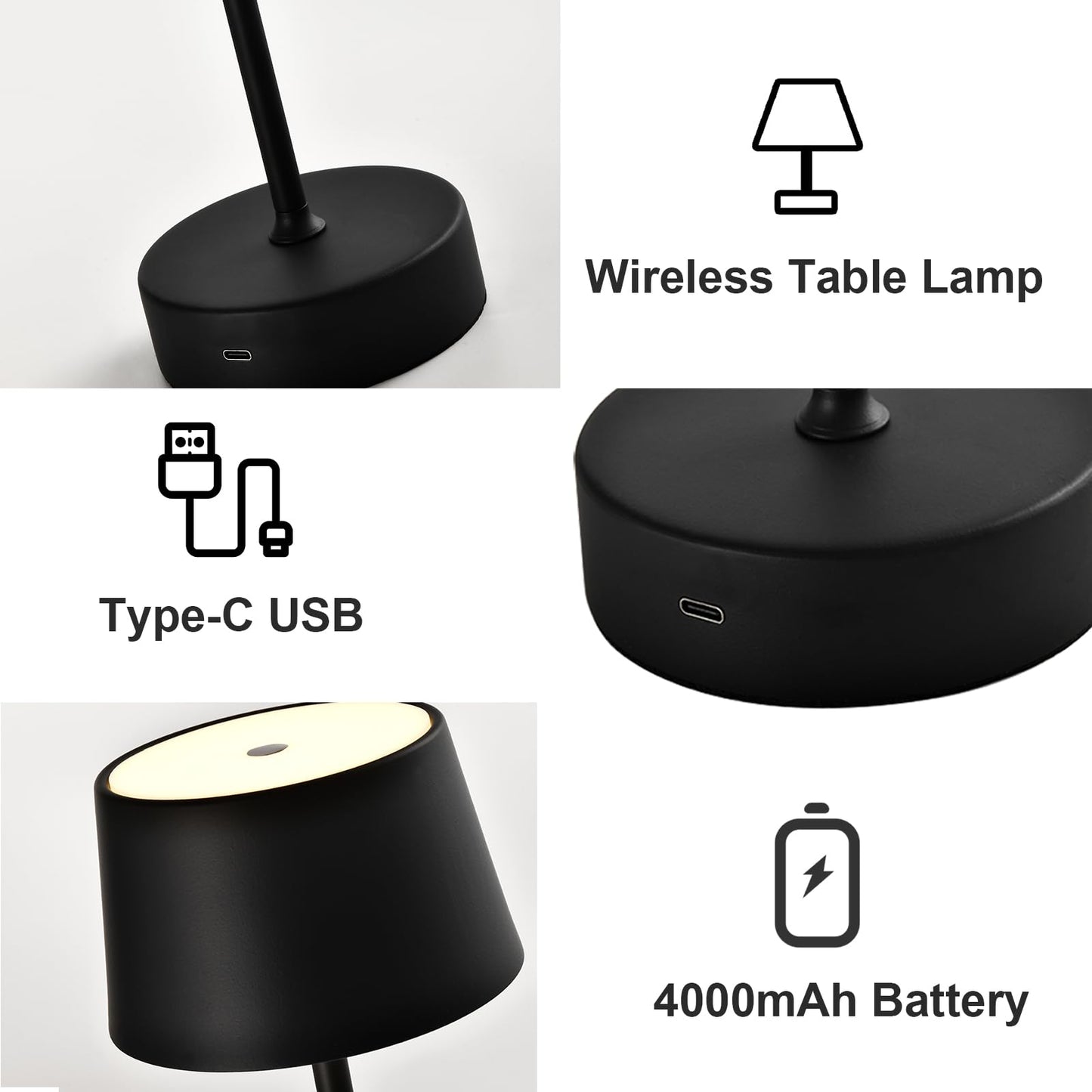 LQWELL® LED Tischlampe Kabellos Akku, Touch Tischleuchte Typ C USB Wiederaufladbar Nachttischlampe Lichtintensität einstellbar für Drinnen Wohnzimmer Schlafzimmer Abendessen Hotel Bar Restaurant