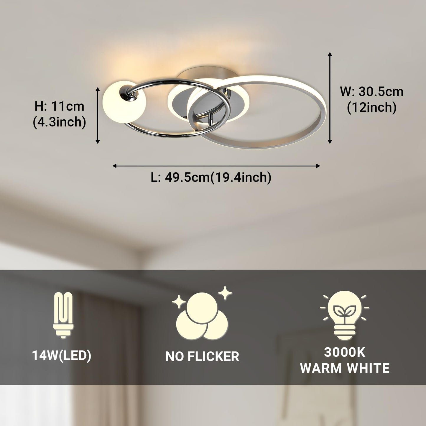 LQWELL® Deckenleuchte LED Deckenlampe, 14W 3000K Küchenlampe Modern Schlafzimmerlampe aus Aluminium für Wohnzimmer Schlafzimmer Küche Balkon Flur Keller Büro, 495 * 305 * 110mm