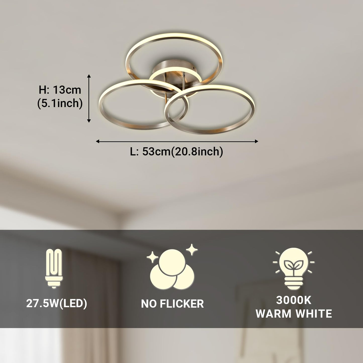 LQWELL ® Deckenleuchte LED Deckenlampe, 27.5W 3000K Küchenlampe Modern Schlafzimmerlampe aus Aluminium für Wohnzimmer Schlafzimmer Küche Balkon Flur Keller Büro, 530 * 130mm
