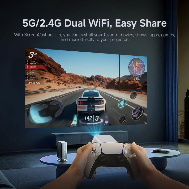 LQWELL® Beamer, Heimkino Projektor 1080P, unterstützt 5G WiFi, BT5.2 mit Android OS, 230 Grad Winkel, 120 Zoll Display, Motorisierter Fokus, für Phone/PC/Xbox, hdmi, USB