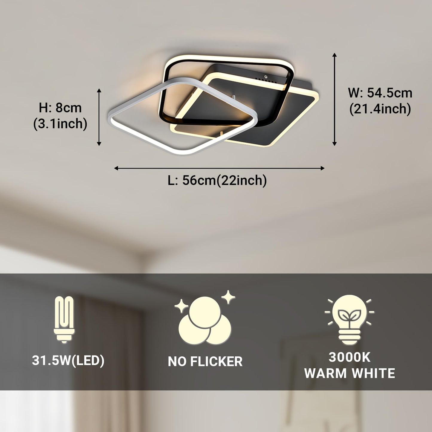 LQWELL ® Deckenleuchte LED Deckenlampe, 31.5W 3000K Küchenlampe Modern Schlafzimmerlampe aus Aluminium Schwarz Weiß für Wohnzimmer Schlafzimmer Küche Balkon Flur Keller Büro, 560 * 545 * 80mm