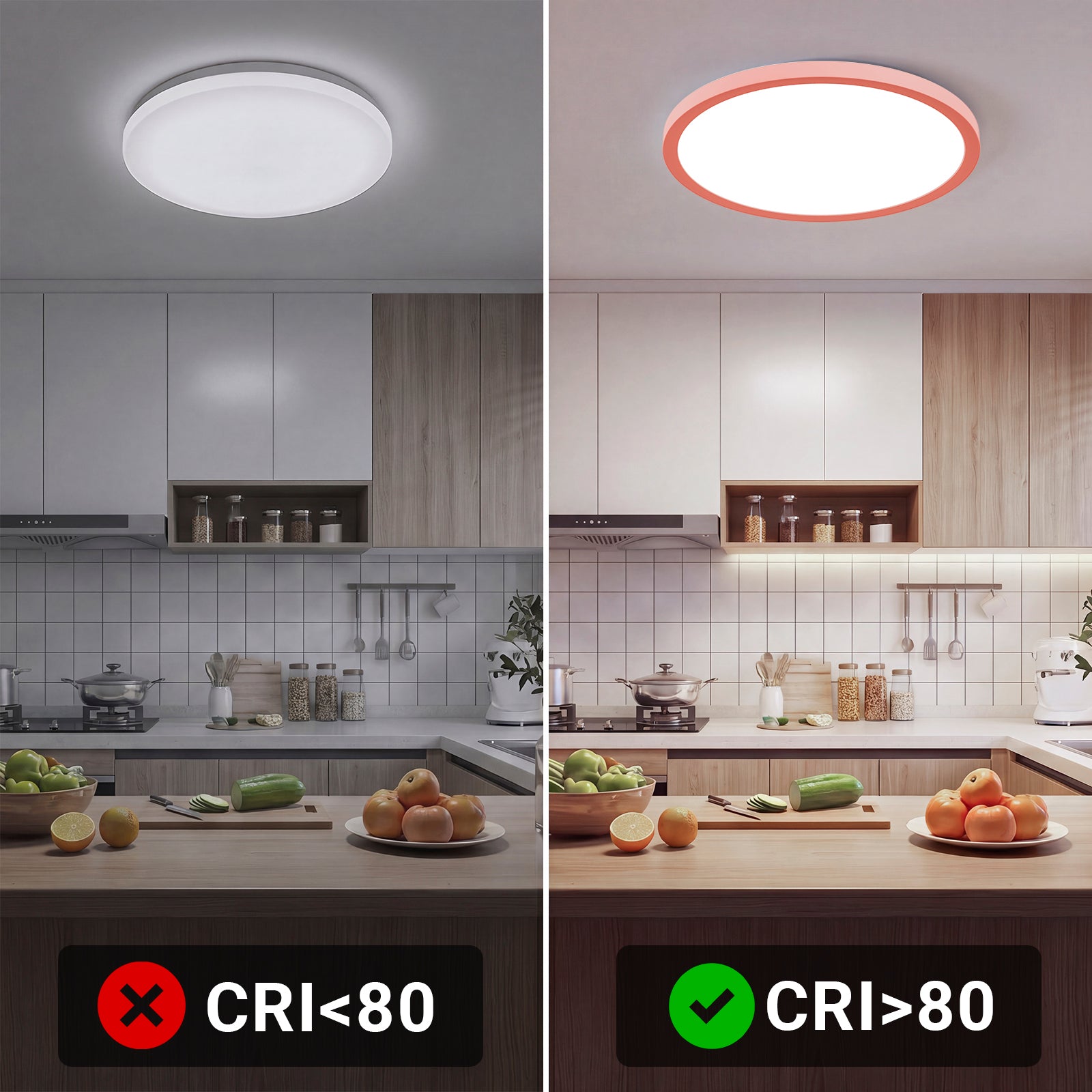 LED-Deckenleuchte mit CRI>80, bessere Farbwiedergabe im Vergleich