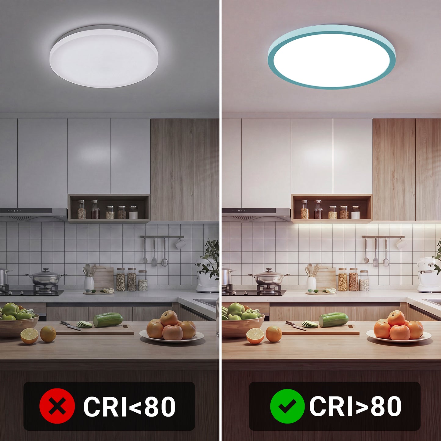 Runde LED-Deckenleuchte, Vergleich CRI<80 (links) und CRI>80 (rechts)