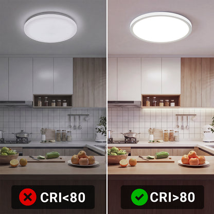 LED-Deckenleuchte-Vergleich: links CRI<80, rechts CRI>80, rundes flaches Licht
