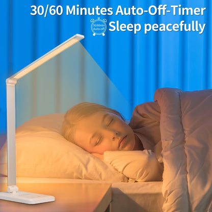 LQWELL® LED Desk Lamp Dimmable Metal Material, 5 Colors and 10 Brightness Levels, Eye-Caring Bedside Lamp with USB Charging, Touch Control, and Memory Function for Kids, Office